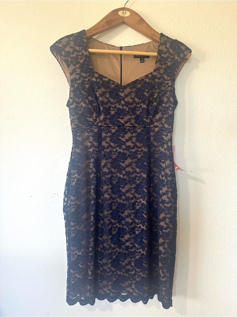 Connected apparel Navy Lace Midi Dress with Nude Underlay